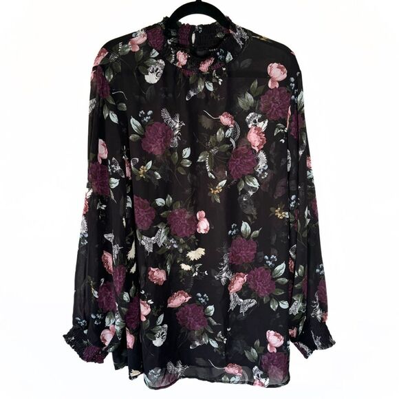 Torrid Smocked Mock Neck Long Sleeve Floral Black Chiffon Blouse - Size 4x - Picture 1 of 11